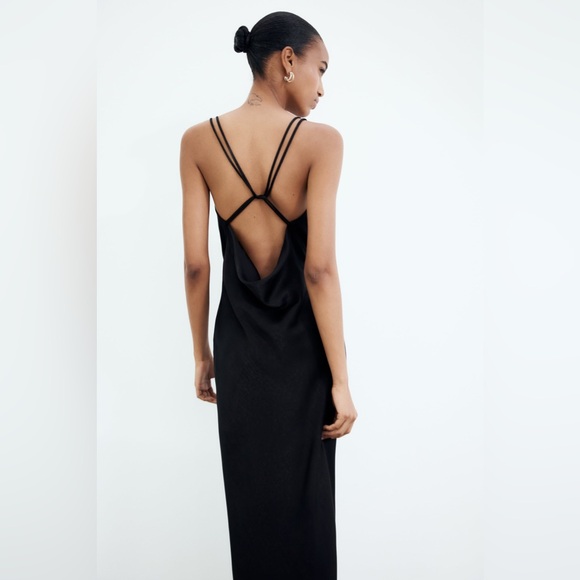 ZARA SATIN MIDI SLIP DRESS Black